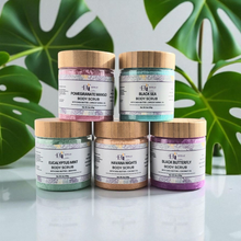 Load image into Gallery viewer, Five jars of body scrub with bamboo lids 
Luxurious body scrub, handmade, plant based skincare. Eucalyptus mint, Havana Nights, black butterfly Black Sea, pomegranate mango