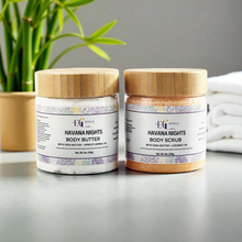 Load image into Gallery viewer, Two jars of Havana Nights body scrub and body butter  products 
