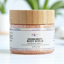 Load image into Gallery viewer, Jar of Havana Nights Body Scrub with a bamboo lid on a white background. Our sugar scrubs are formulated with luxurious ingredients, The sugar granules delicately exfoliate, while the shea butter, sunflower oil, and apricot kernel oil work together to hydrate and moisturize
