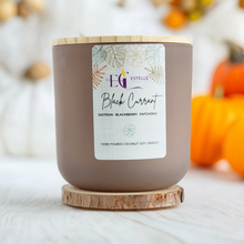 Load image into Gallery viewer, Tan Luxury Candle Jar  with a white background  with pumpkins in the background. 
Coconut soy candle
