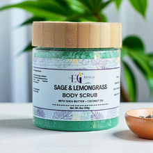 Load image into Gallery viewer, Sage &amp; Lemongrass body scrub jar with a wooden lid on a neutral background. Our sugar scrubs are formulated with luxurious ingredients, The sugar granules delicately exfoliate, while the shea butter, sunflower oil, and apricot kernel oil work together to hydrate and moisturize
