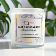 Load image into Gallery viewer, Sage and lemongrass candle with a decorative label on a light background. Citrus, sage