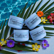 Load image into Gallery viewer, 4 candle jars in a white tin 1.5oz
Summer nights, beach vibes and tan lines, coastal waters, boadwalk