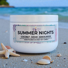 Load image into Gallery viewer, Candle jar labeled 'Summer Nights' on a beach with ocean in the background