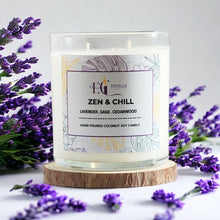 Load image into Gallery viewer, Candle labeled 'Zen &amp; Chill' with lavender flowers around it. Lavender sage cedarwood